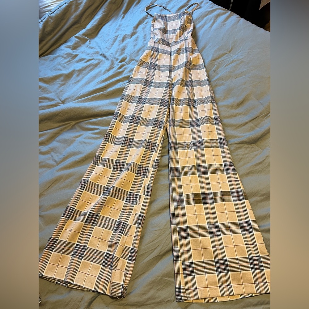 Forever 21 Plaid Wide-Leg Jumpsuit - Beige and Black